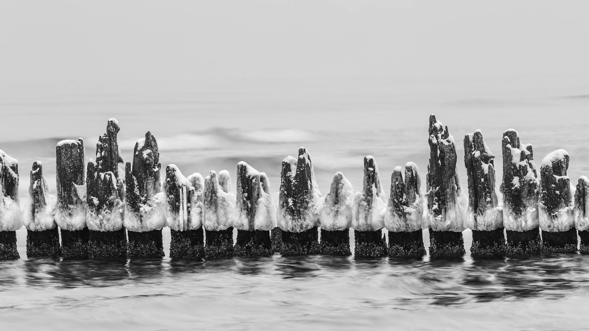 Czarno-białe pale drewniane w ośnieżonym, zamarzniętym Bałtyku