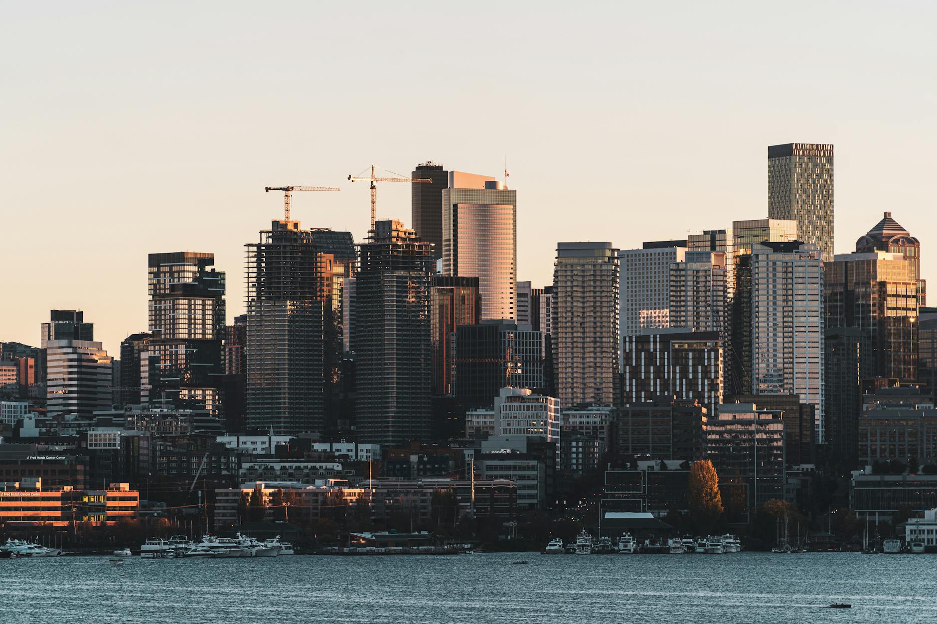 Panorama wieżowców nad zatoką o zmierzchu, światła odbijają się w wodzie